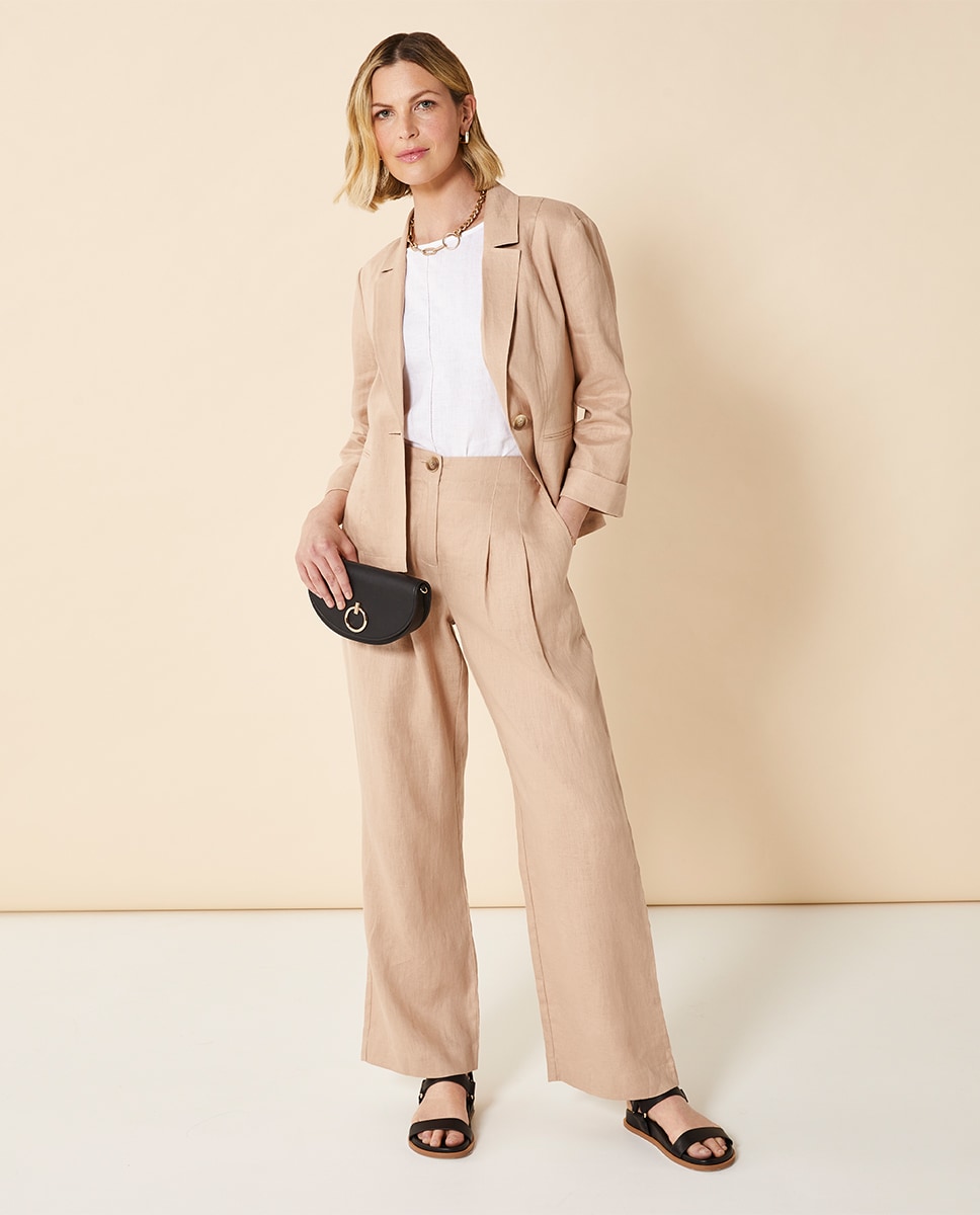 Neutral Button-up Jacket and Tailored Wide-Leg Pants