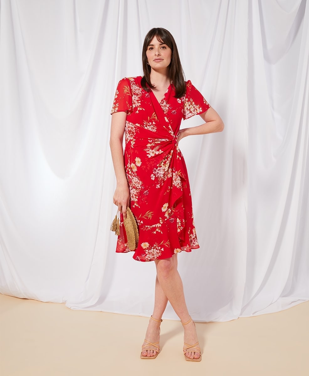 Red Floral Wrap Dress