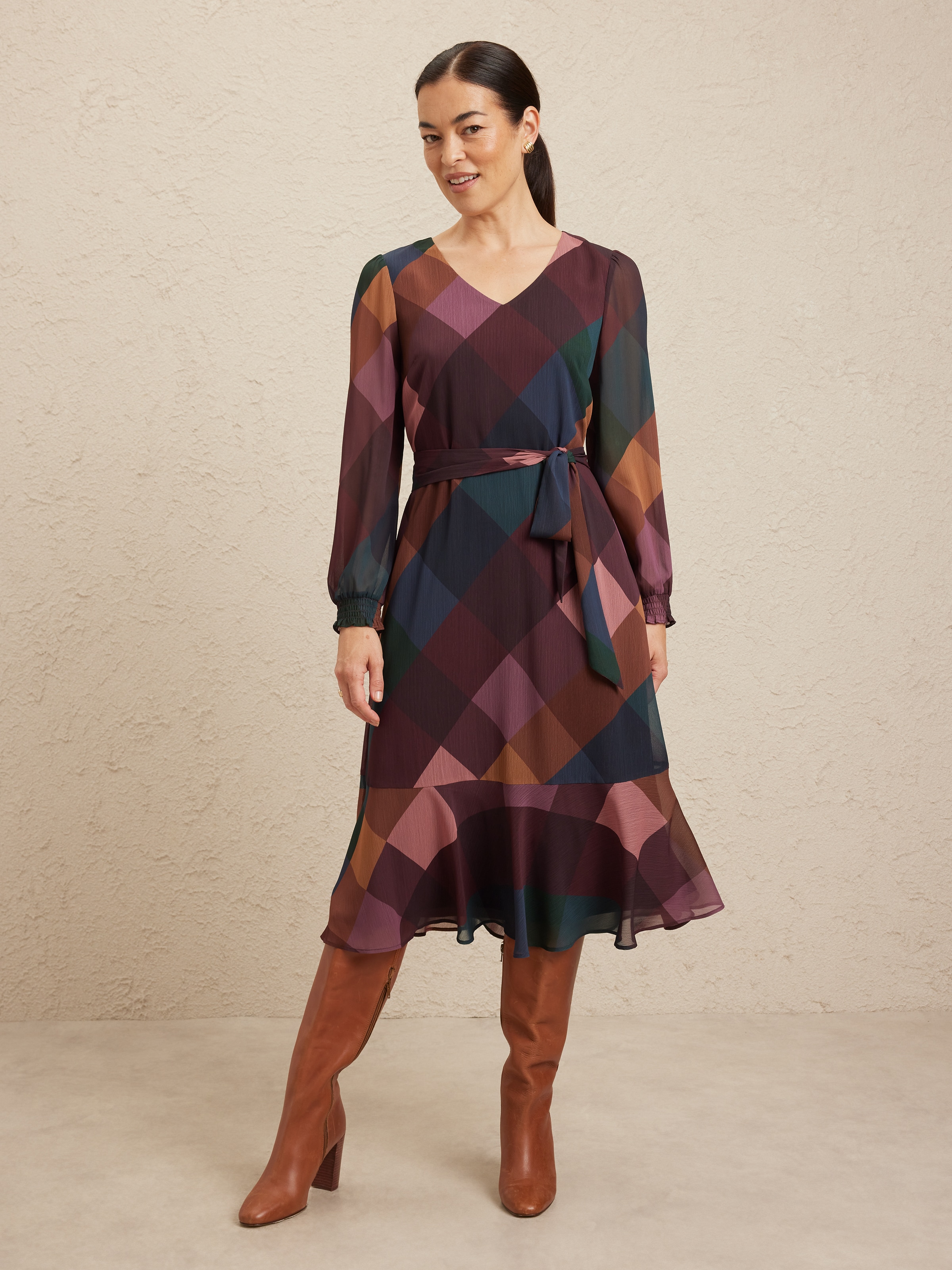 Long Sleeve Narelle Notch Neck Frill Midi