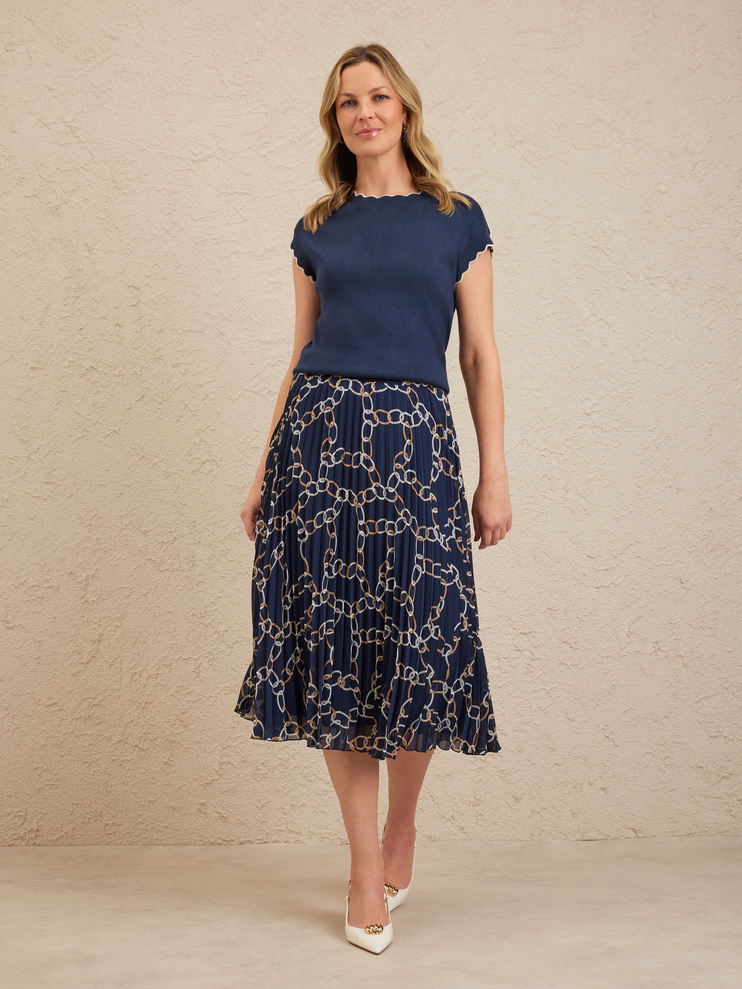 Chiffon Print Pleat Midi Skirt