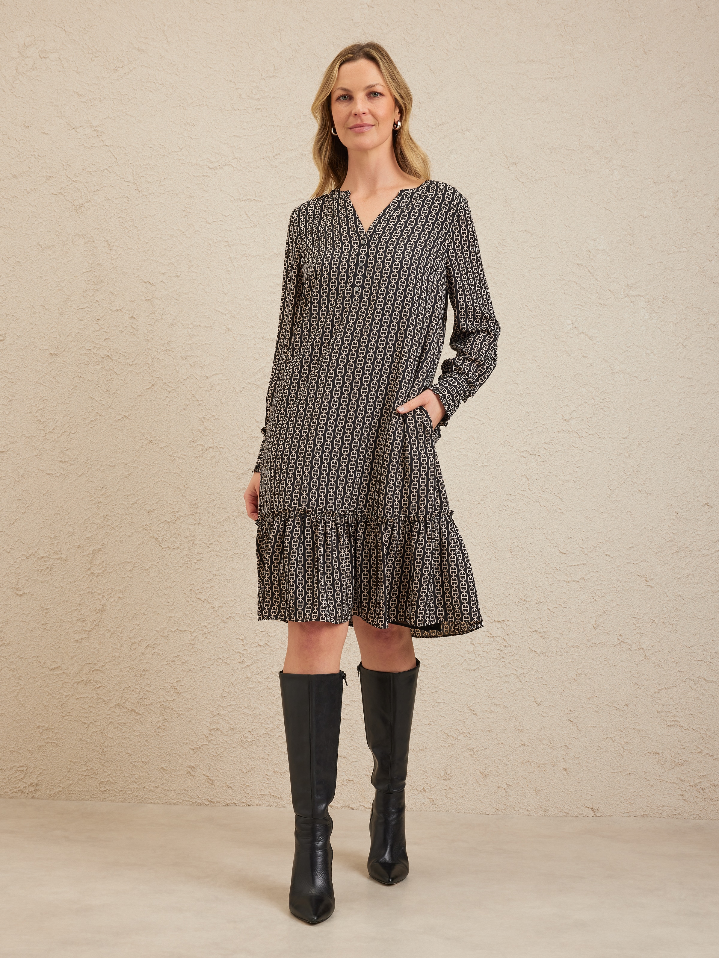 Long Sleeve Kate Frill Cuf & Hem Tunic Dress