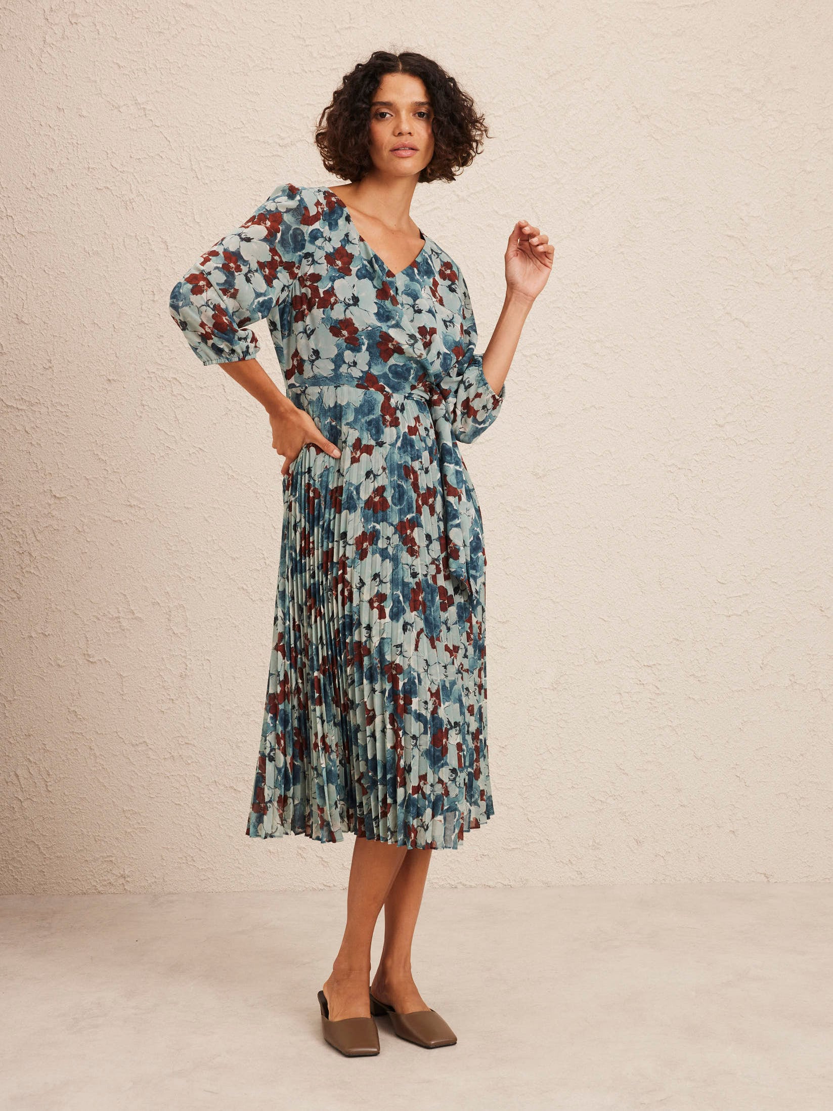 3/4 Sleeve Analise Tie Pleatd Dress