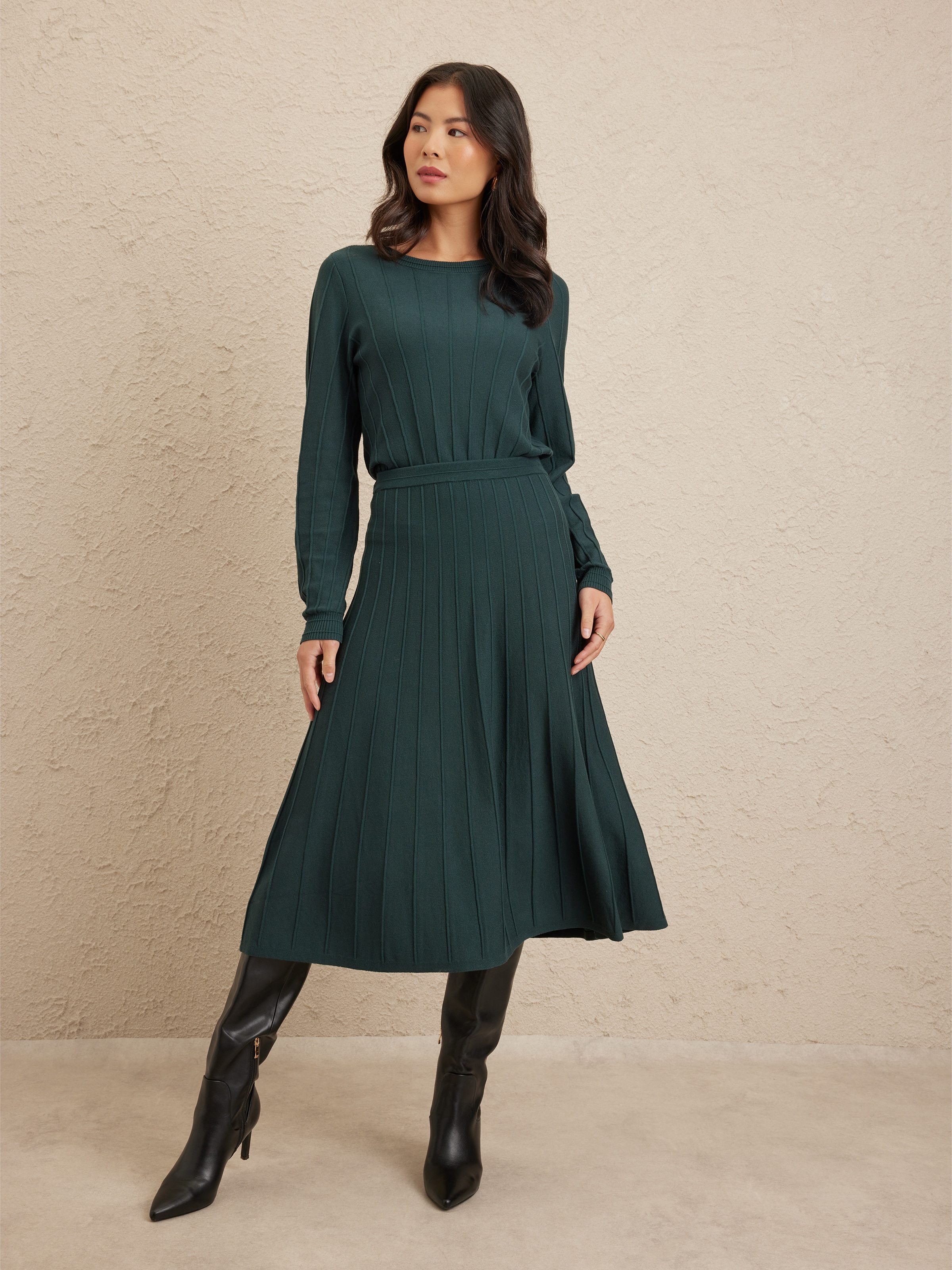 Knitted Self Stripe Midi Skirt
