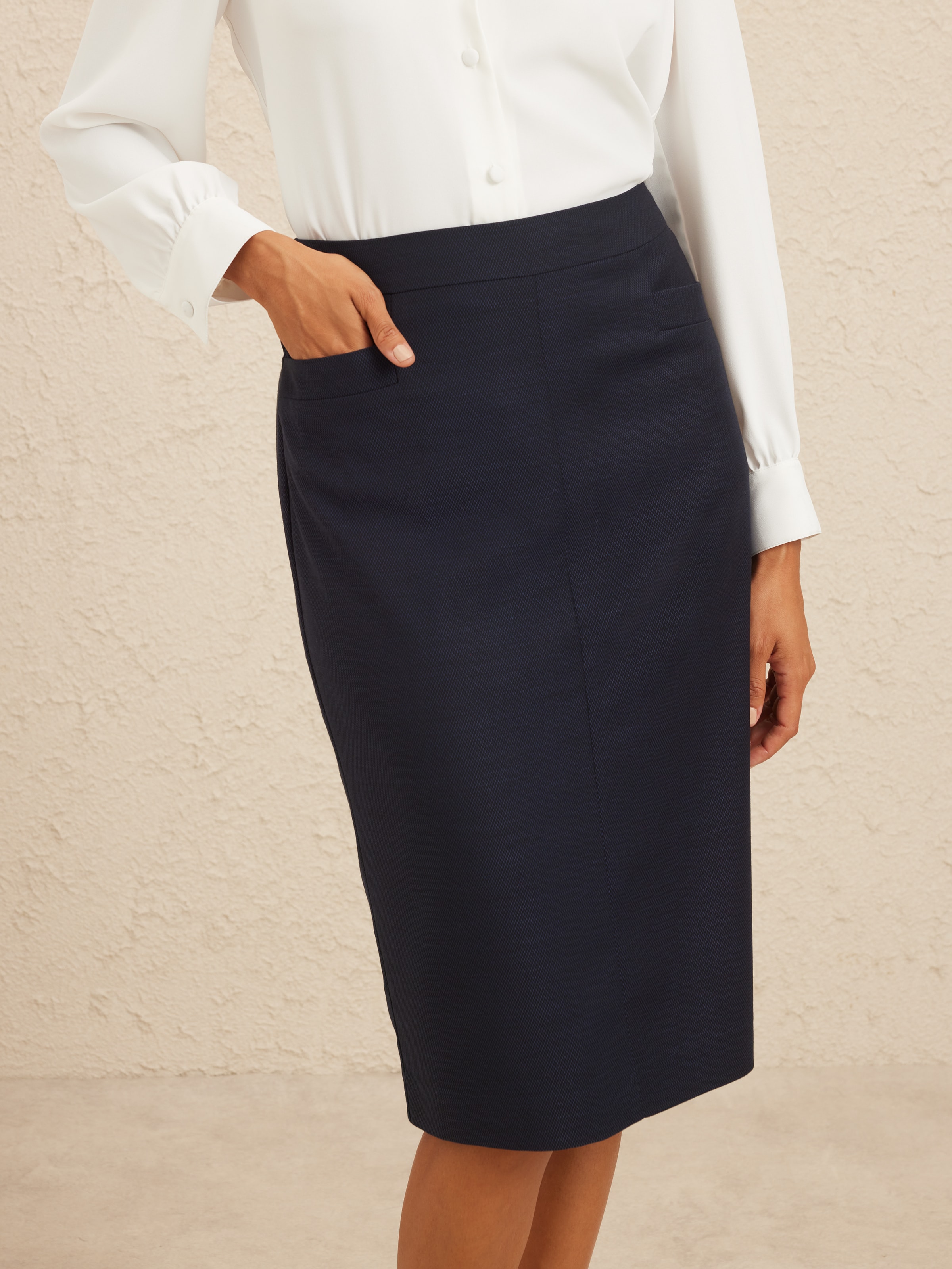 Navy Texture Midi Pencil Skirt