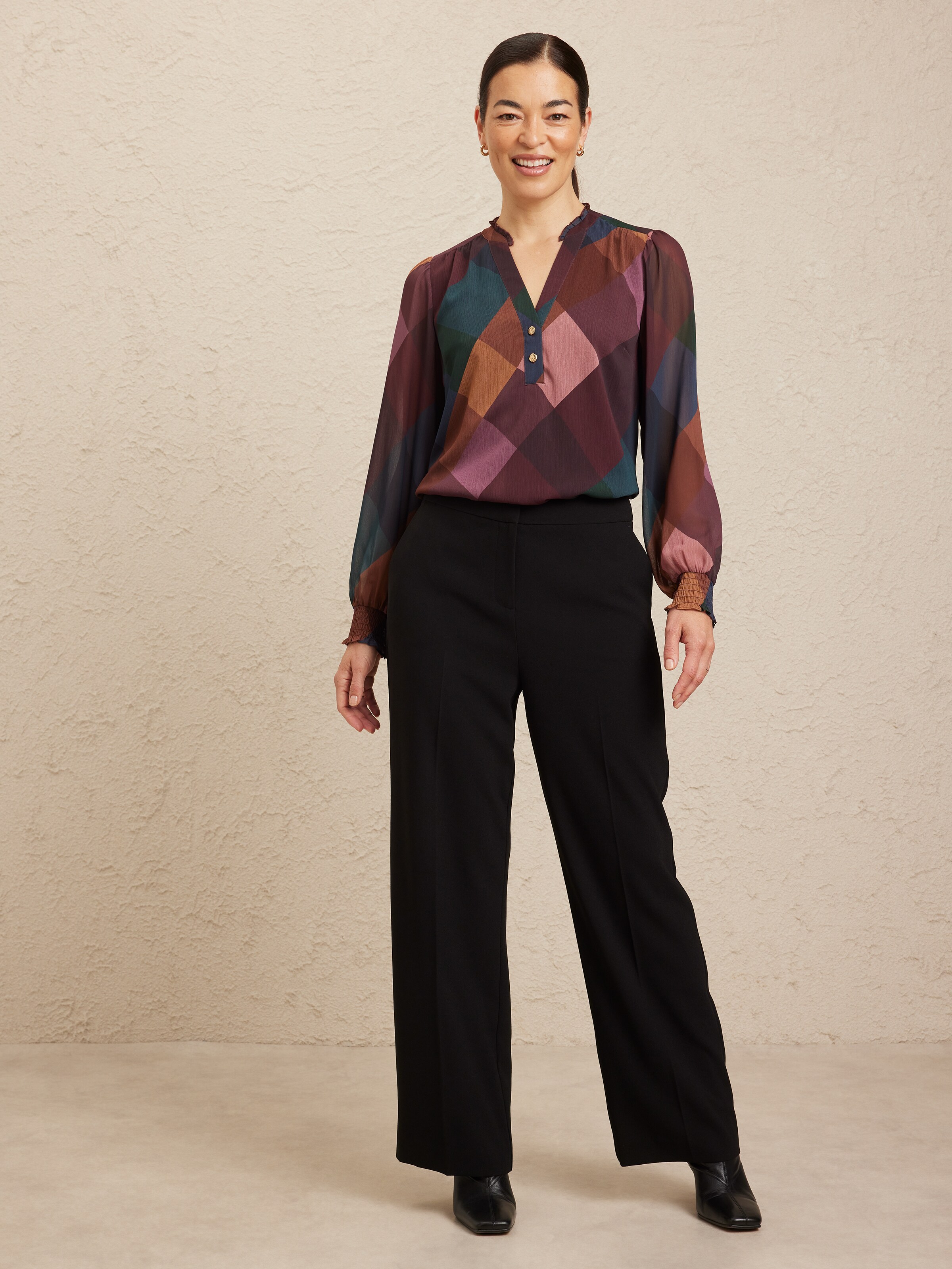 Audrey Neck Long Sleeve Shirred Blouse