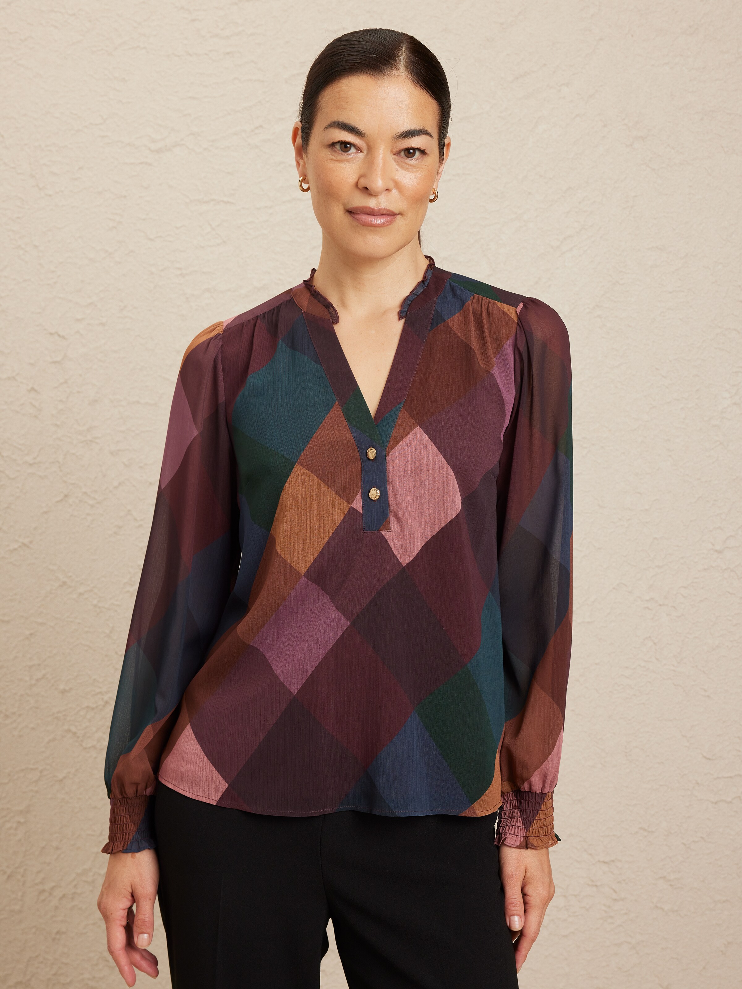 Audrey Neck Long Sleeve Shirred Blouse