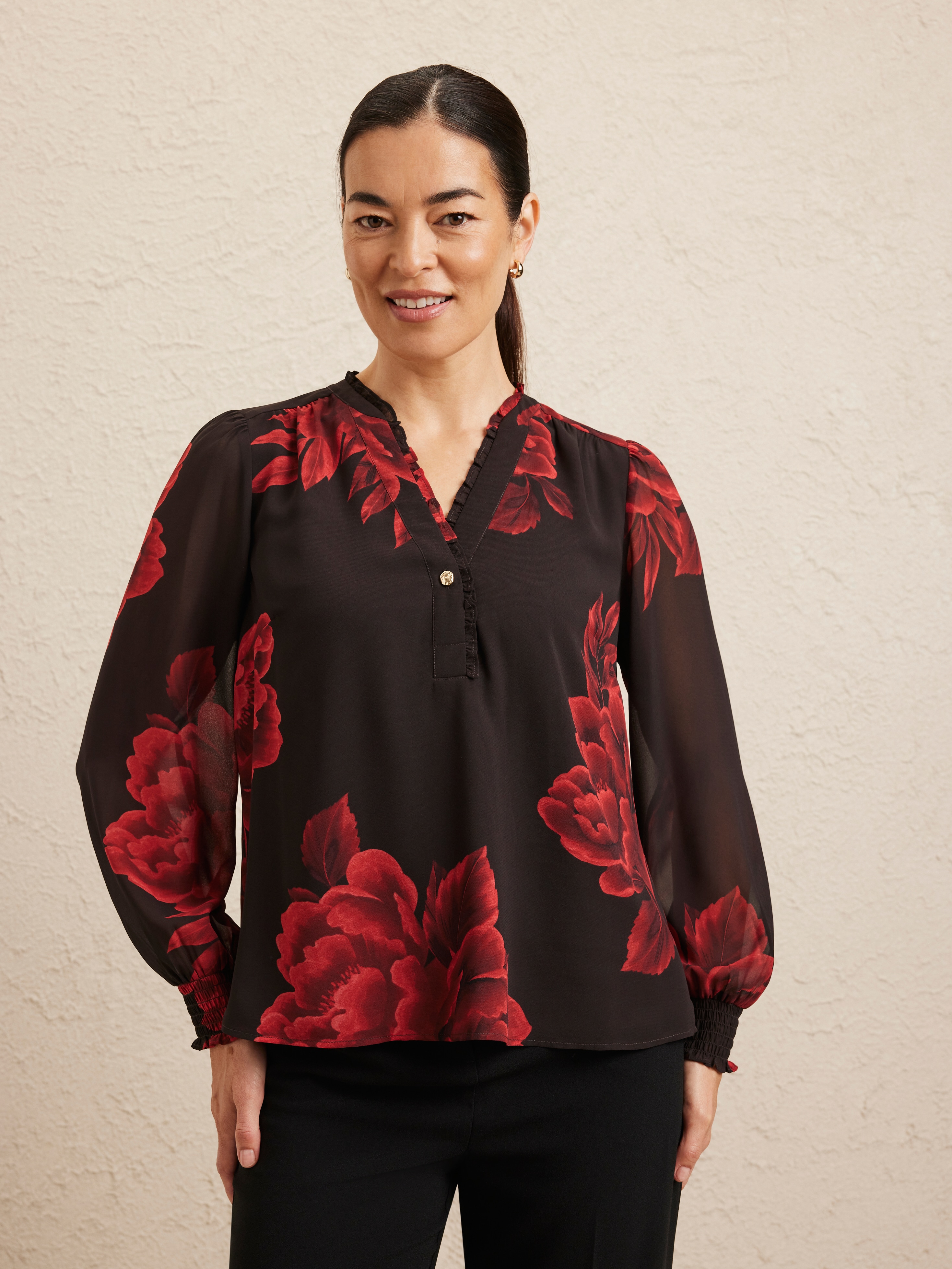 Audrey Ruffl Neck Long Sleeve Shirred Blouse