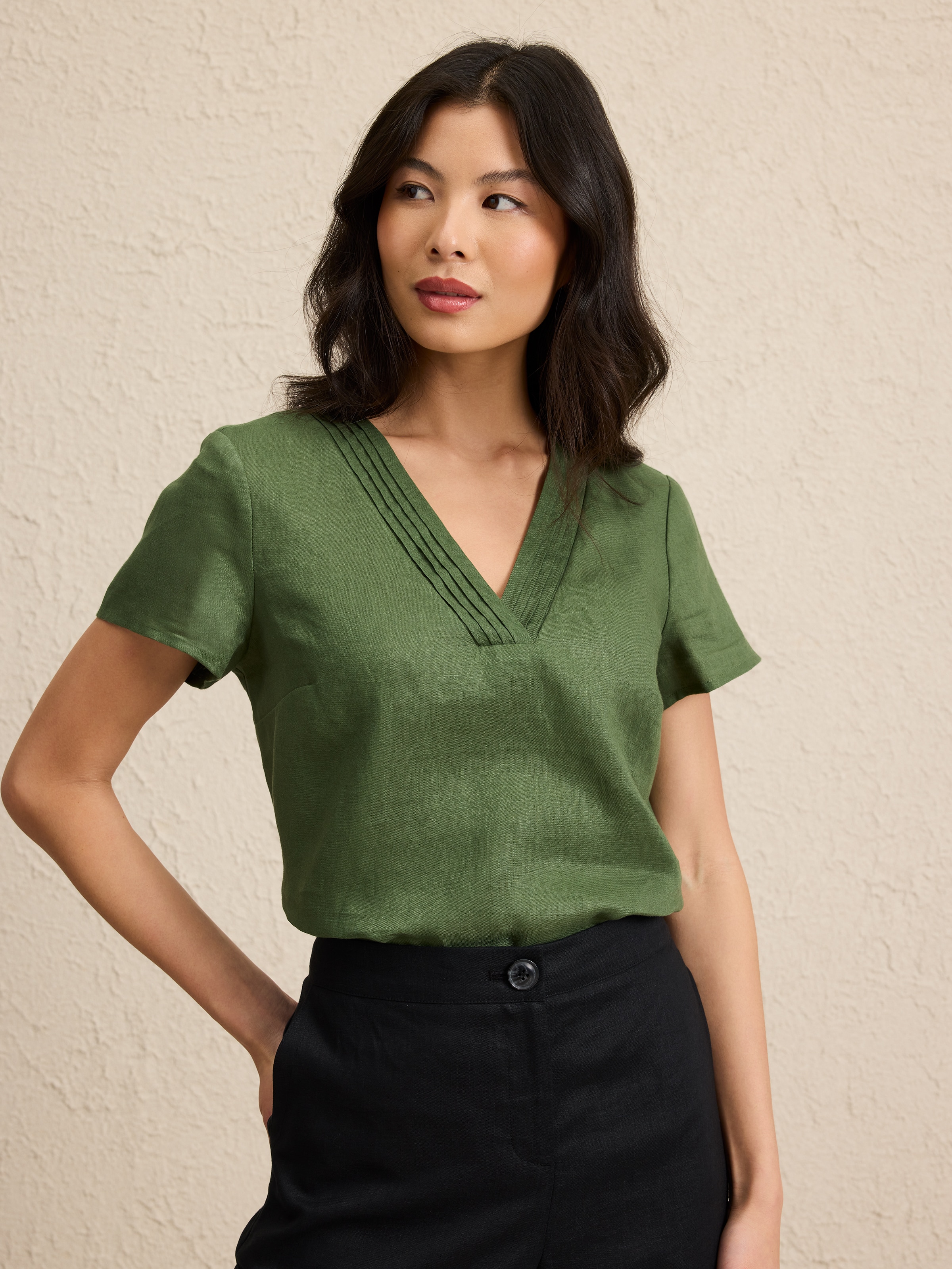 Pintuck Neck Linen Blouse